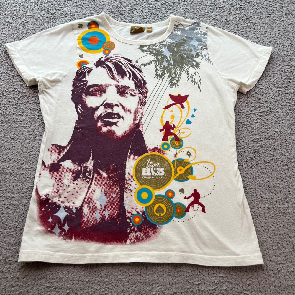 Viva Elvis Cirque du Soleil Graphic T-Shirt Women XL Cream Elvis Presley Vegas